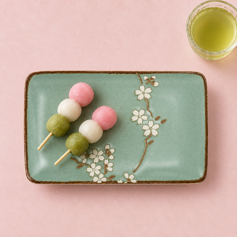 MT28-HS green-blue floral plate with two colorful sweet skewers