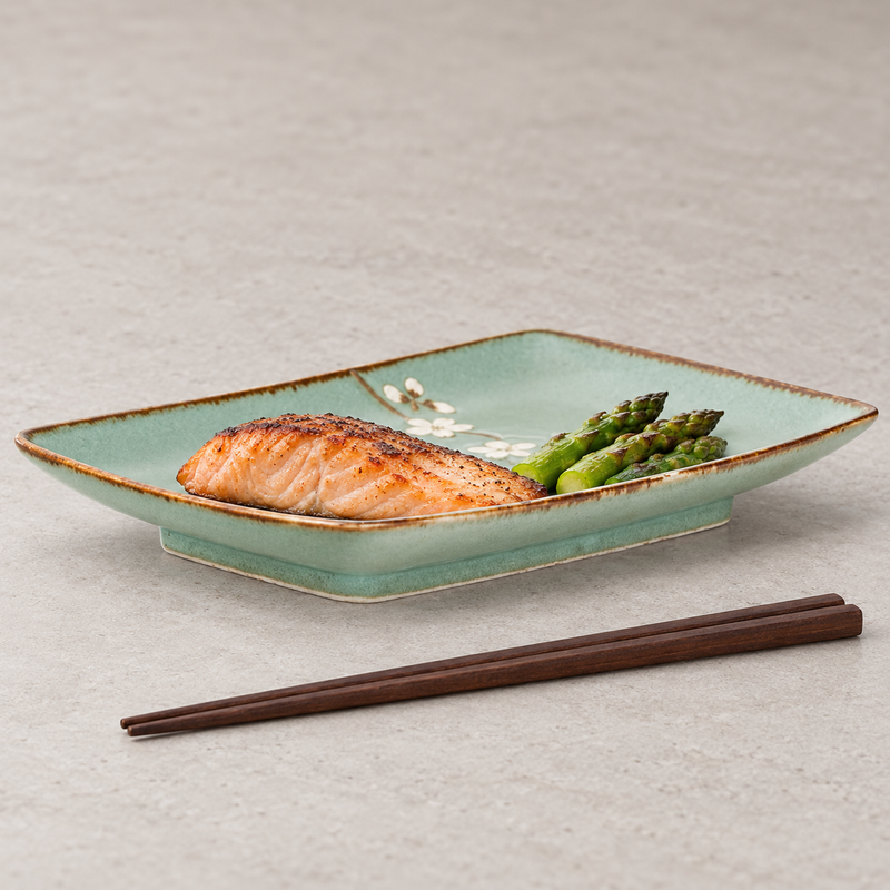 MT28-HS floral plate with a fish portion and asparagus