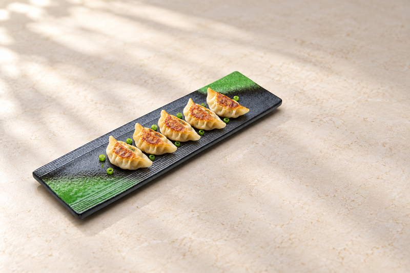 JX218-M black and green porcelain platter with a line of dumplings