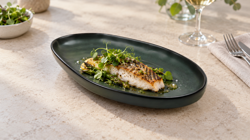 RFR-13 dark-green egg-shaped porcelain plate with a serving