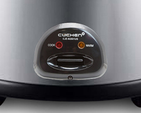 Cuchen CJE-B2801 original-photo detail of the Cook/Warm lever and indicator lights; faithful pixel crop of the existing product photograph