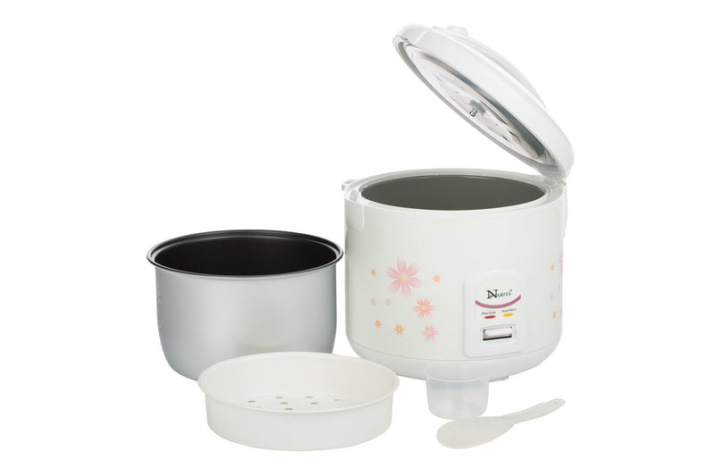 Narita NRC-100F rice cooker with lid open, removable inner pan, steam tray, measuring cup and spatula