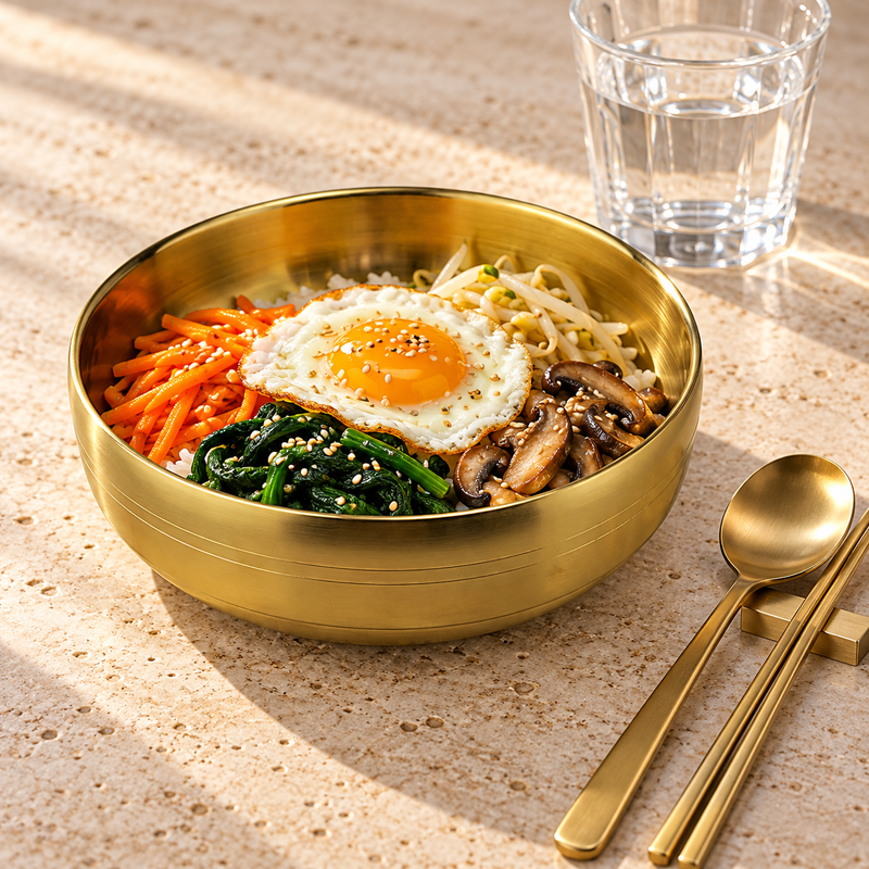 SSG-JQ-NB-23 gold stainless steel bowl presented with food