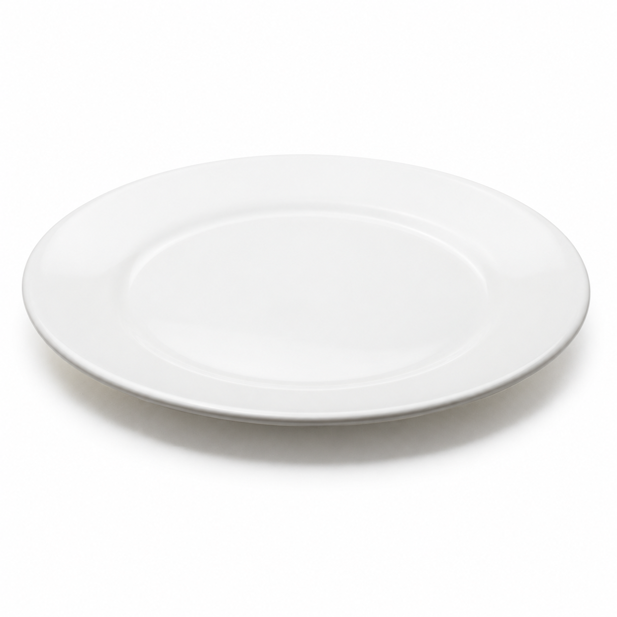 Round Plate 9"D, White. Angled product view.