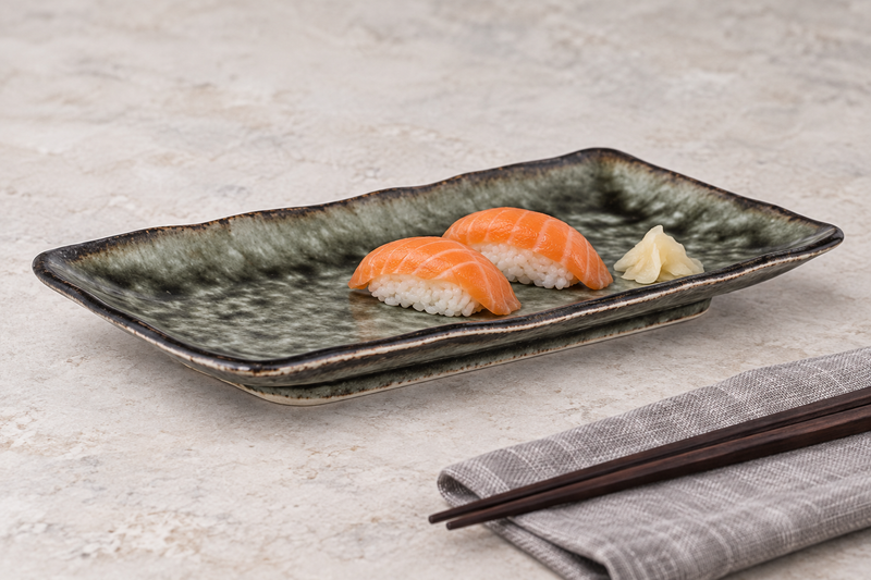 RT2112-GI green rectangular porcelain platter with salmon nigiri on a light table