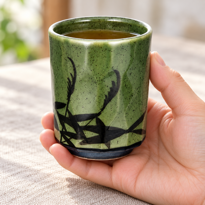RT70-12 green bamboo teacup held with amber tea inside