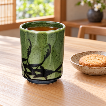 RT70-12 green bamboo teacup with tea beside a separate biscuit dish