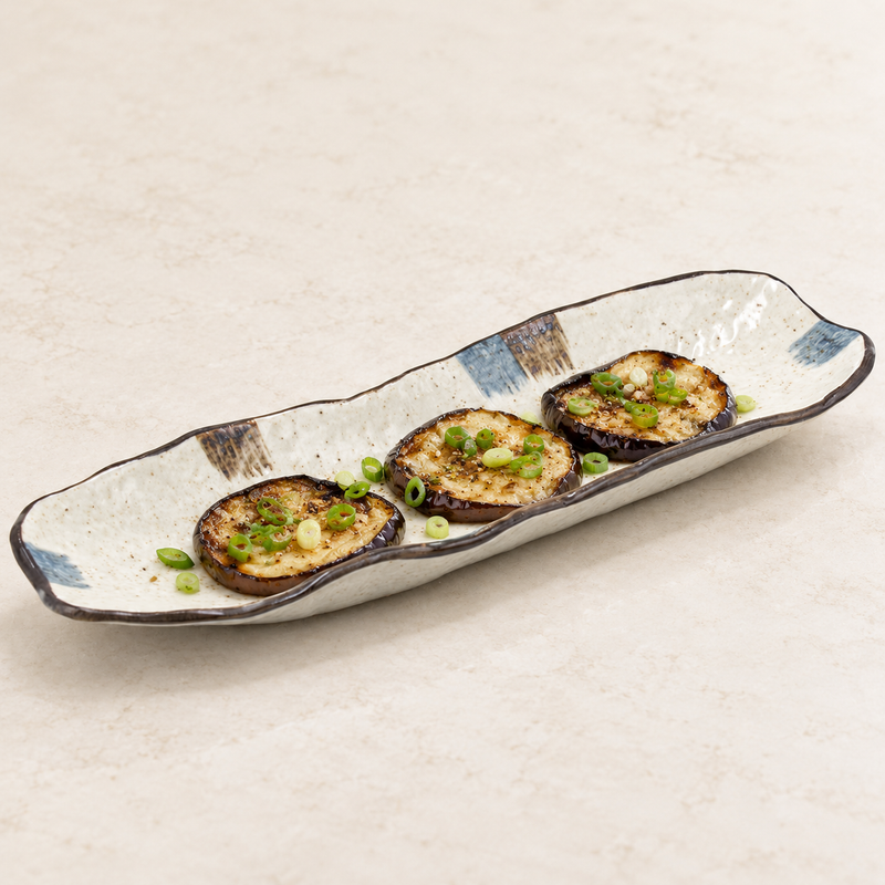RUR213-H long ceramic plate with three topped eggplant rounds