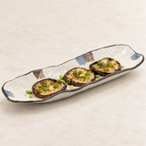 RUR213-H: 13.35" x 4" Rectangular Ceramic Sushi Plate, Beige, Blue, Brown. food-service context