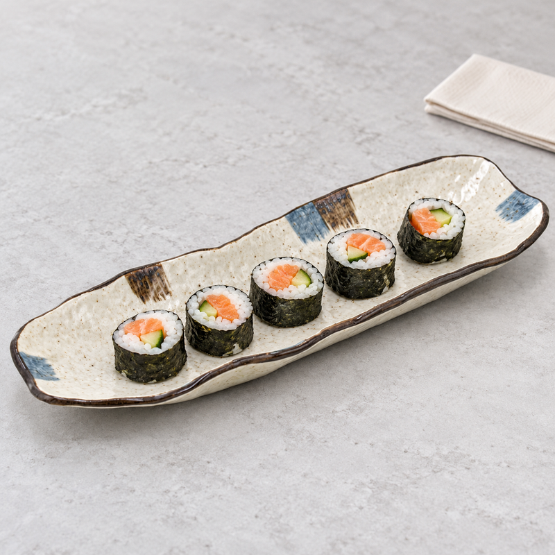 RUR213-H cream-beige ceramic sushi plate with a row of five maki pieces