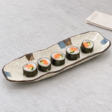 RUR213-H: 13.35" x 4" Rectangular Ceramic Sushi Plate, Beige, Blue, Brown. Restaurant serving context