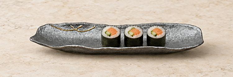Sushi rolls arranged on the silver-gray RUR213-L ceramic plate