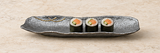 RUR213-L: 13.35" x 4" Rectangular Ceramic Sushi Plate, Silver, Gray. Restaurant serving context
