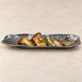 RUR213-S: 13.35" x 4" Rectangular Ceramic Sushi Plate, Black. food-service context