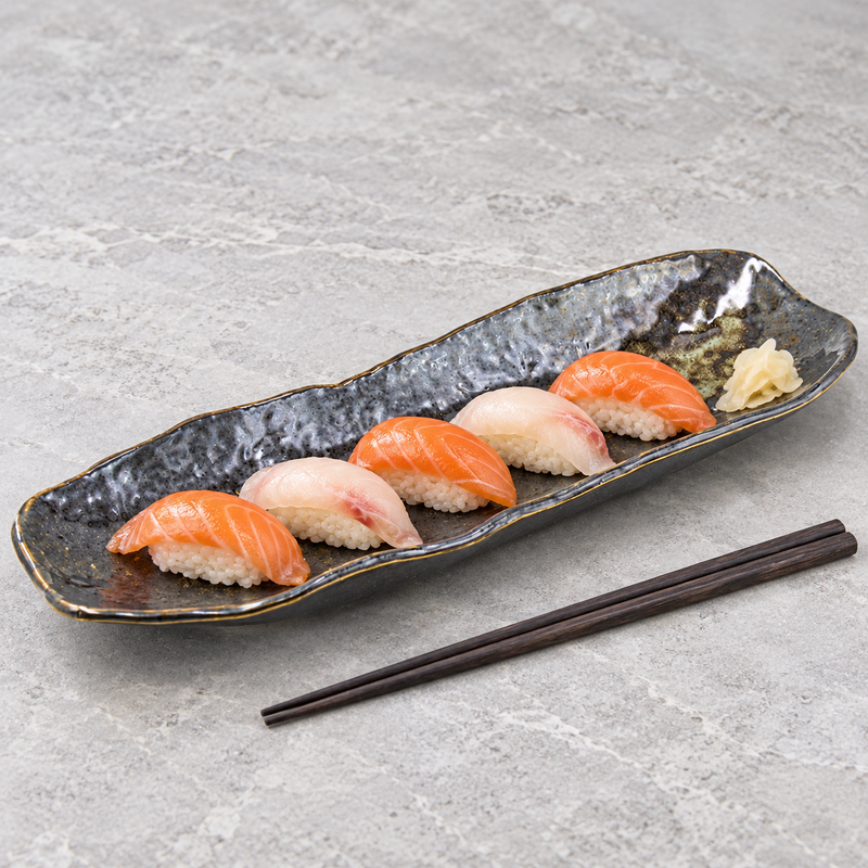 RUR213-S dark ceramic plate serving nigiri on a stone table