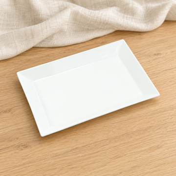 White rectangular platter in a natural tabletop setting