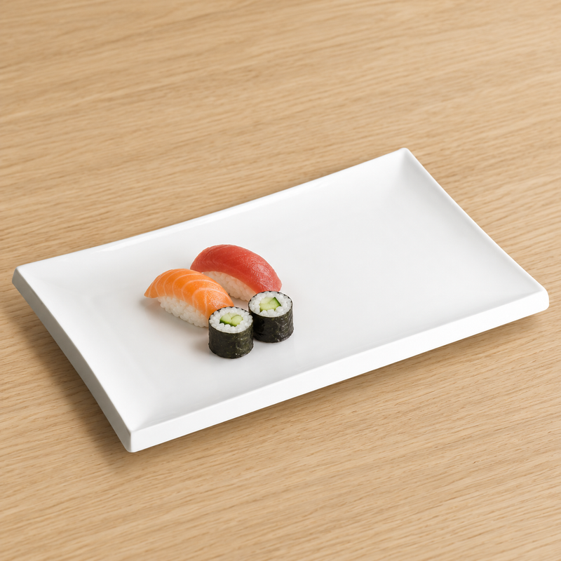 White rectangular platter with a small sushi serving