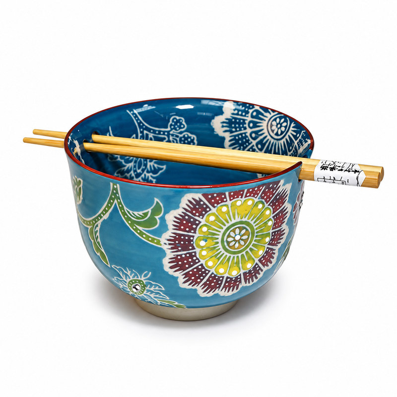 Teal Floral Ceramic Bowl with Chopsticks — 5 in, 18 oz