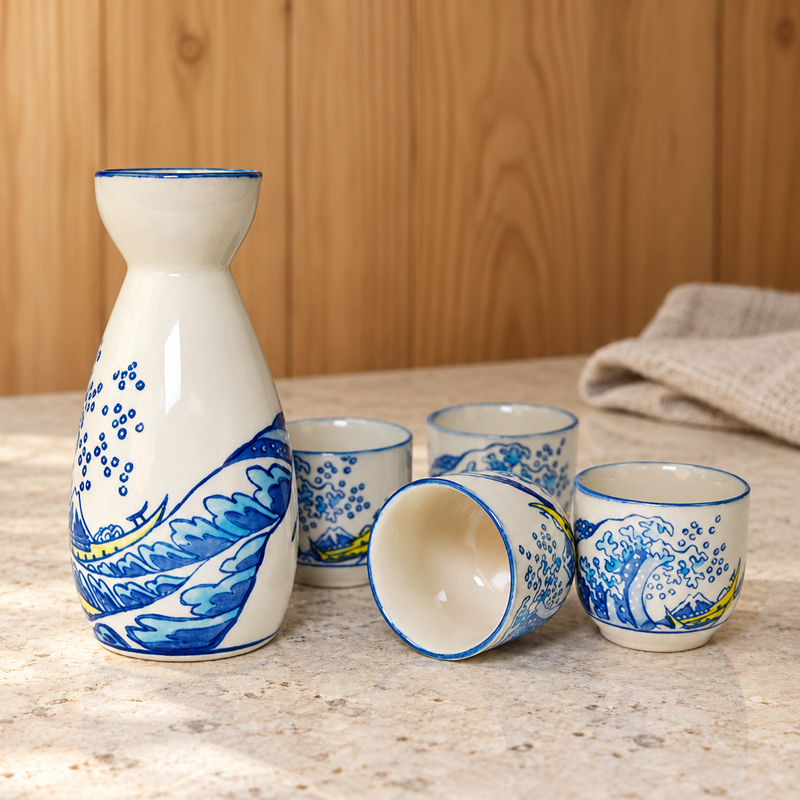 SF92-6599 blue wave sake bottle and four cups on a pale counter