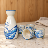 SF92-6599 blue wave sake bottle and four cups on a restaurant counter