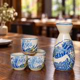 SF92-6599 blue wave sake bottle and four cups on a restaurant table