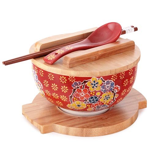 Multicolor Floral Ceramic Bowl with Lid & Trivet, 30 oz — SFK1-6785