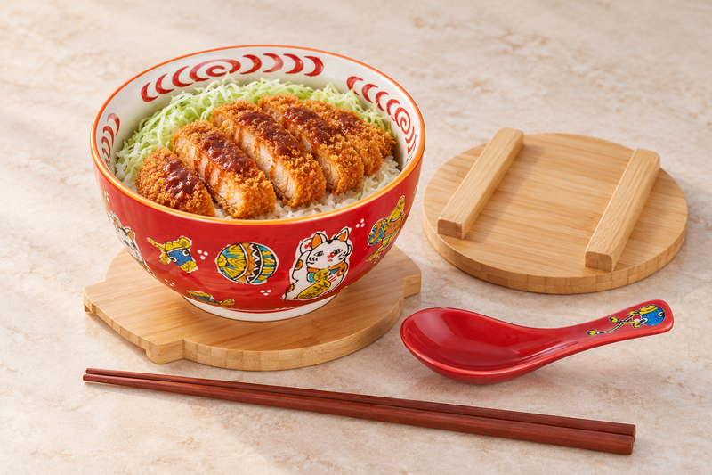 Lucky Cat Ceramic Bowl with Wooden Lid & Trivet, 30 oz — SFK1-7003