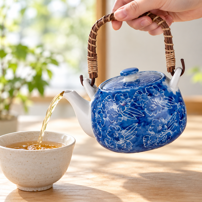 Blue floral teapot pouring tea into a separate cup