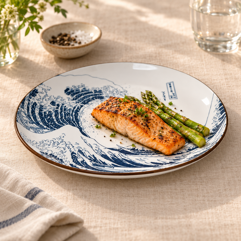 SH210-H blue wave ceramic plate with salmon and asparagus
