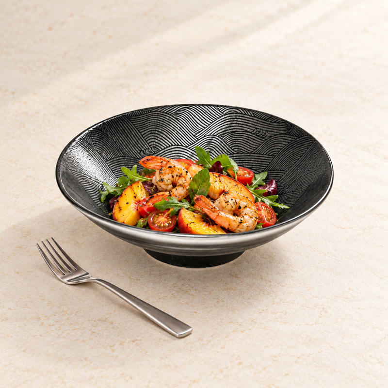 SH595-GS bowl with shrimp, peach-or-nectarine-like wedges, halved small tomatoes and mixed greens, with a fork separately outside lower left.