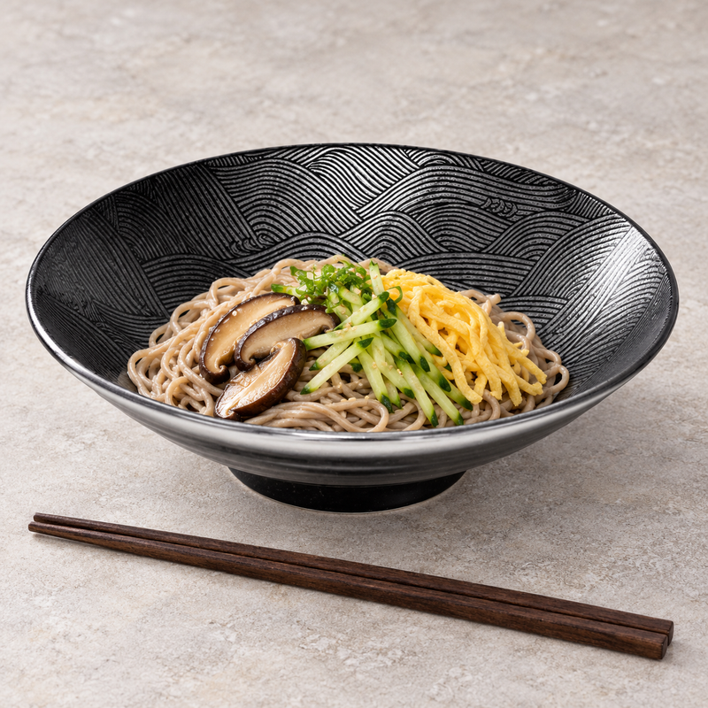 SH595-GS bowl with noodles, mushrooms at left, cucumber near center-right, yellow egg-like strips at right and scallions near top-center, with chopsticks outside in the foreground.