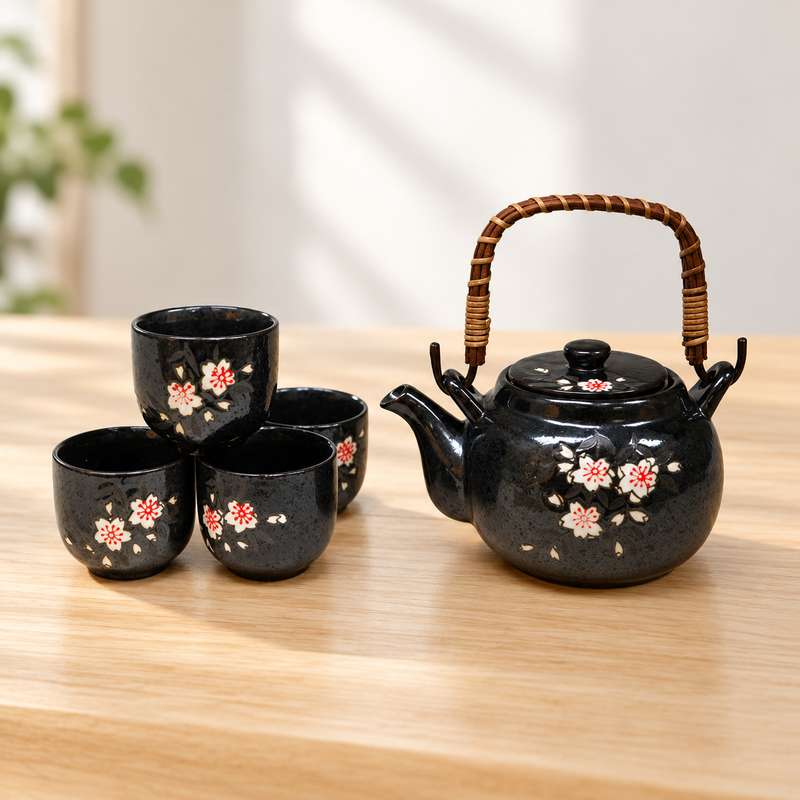SH64-1 black blossom teapot and four matching cups on a tea table