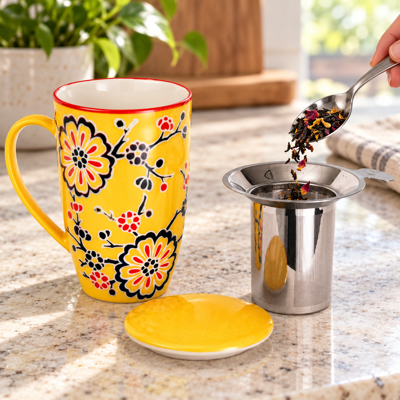 SM13-5315 tea mug with lid and removable strainer during loose-leaf preparation
