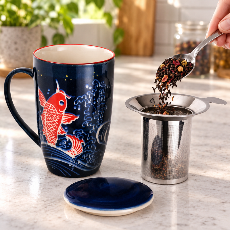 SM13-6728 tea mug with lid and removable strainer during loose-leaf preparation