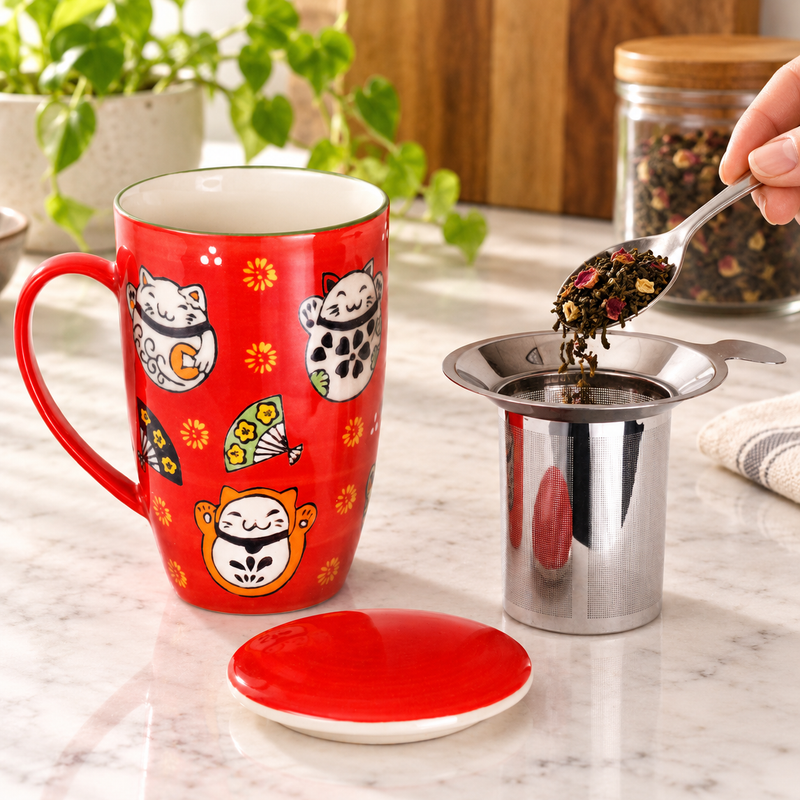 SM13-7039 tea mug with lid and removable strainer during loose-leaf preparation