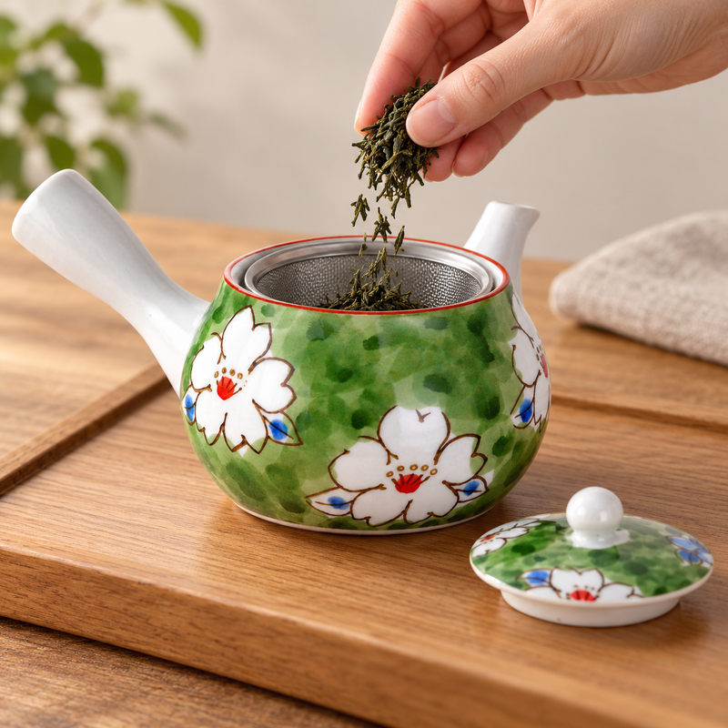 Loose tea added to the mesh infuser of the SN5-TG green blossom teapot with its lid beside it