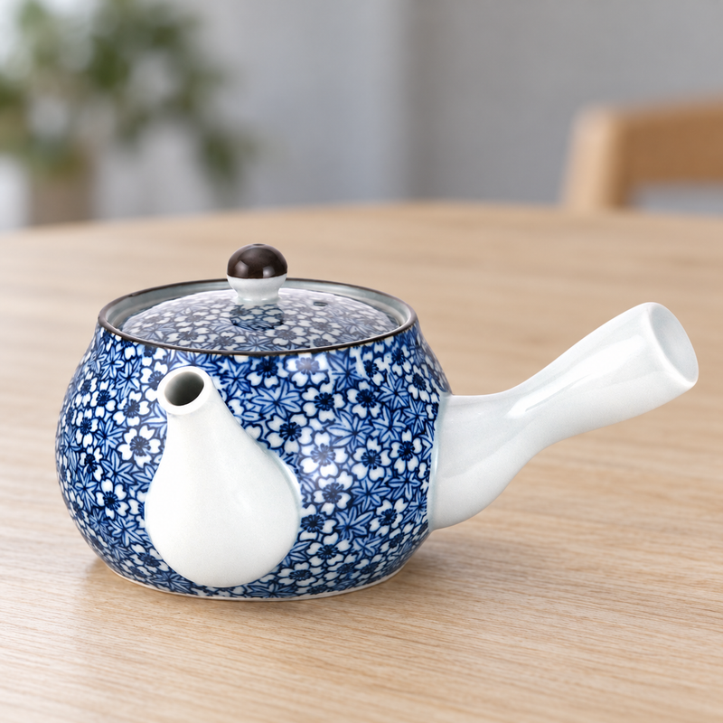 14 oz Blue and White Small-Flower Ceramic Side-Handle Teapot