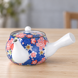 SN7-YBL blue floral side-handle teapot on a dining table