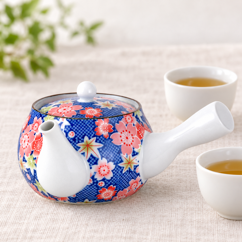 SN7-YBL closed floral teapot beside two separate white cups of tea.