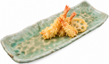 Pooled green rectangular ceramic platter with a modest tempura serving