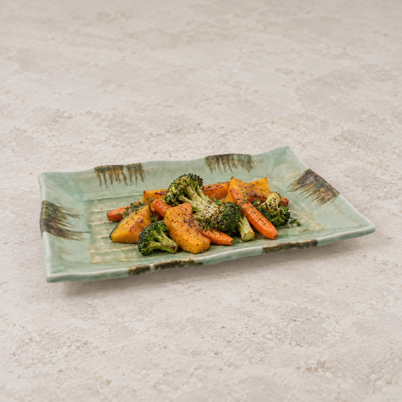 13½″ × 9″ Green & Brown Ceramic Rectangular Serving Platter — Vegetables in a loose arrangement