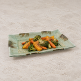 13½″ × 9″ Green & Brown Ceramic Rectangular Serving Platter — roasted vegetable serving
