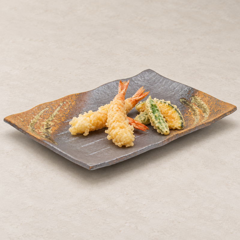 13¾″ × 9½″ Brown & Gray Ceramic Rectangular Serving Platter — A generous frame for crisp tempura