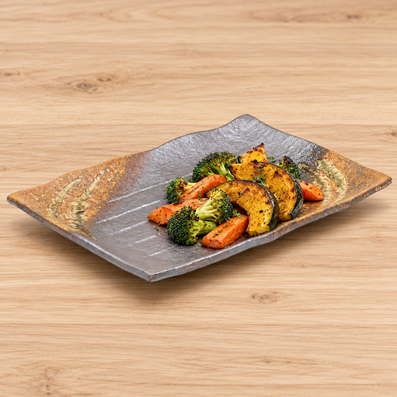 13¾″ × 9½″ Brown & Gray Ceramic Rectangular Serving Platter — Colorful vegetables on a gray ground