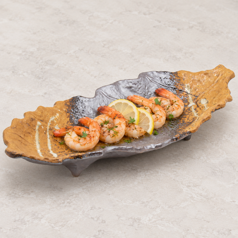 16″ × 7″ Black & Brown Ceramic Leaf Serving Platter — Shrimp with room around the serving