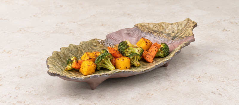 16″ × 7″ Green & Brown Ceramic Leaf Serving Platter — Vegetables with room to show the glaze
