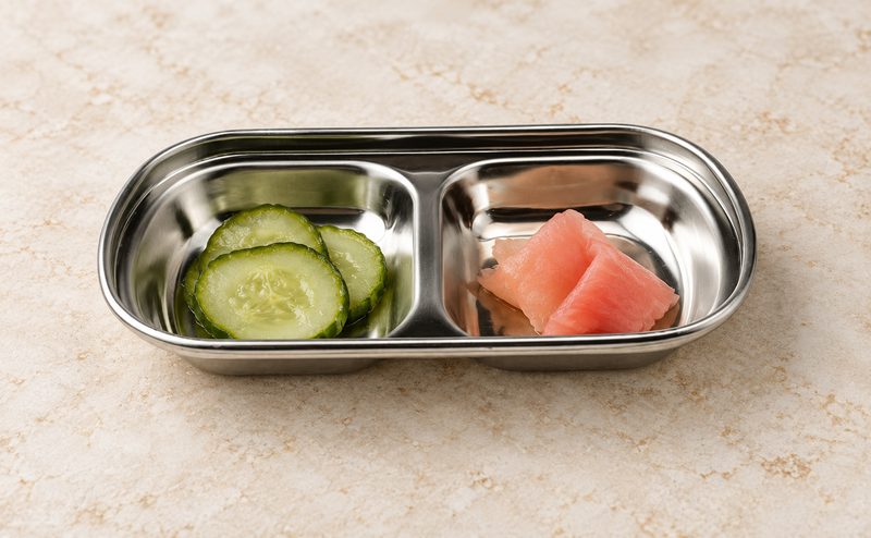 SS-JQ-SAP2-6 stainless steel 2-well sauce dish with small pickle portions