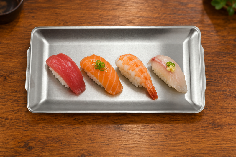 SS-REP-12 satin stainless steel plate with four nigiri