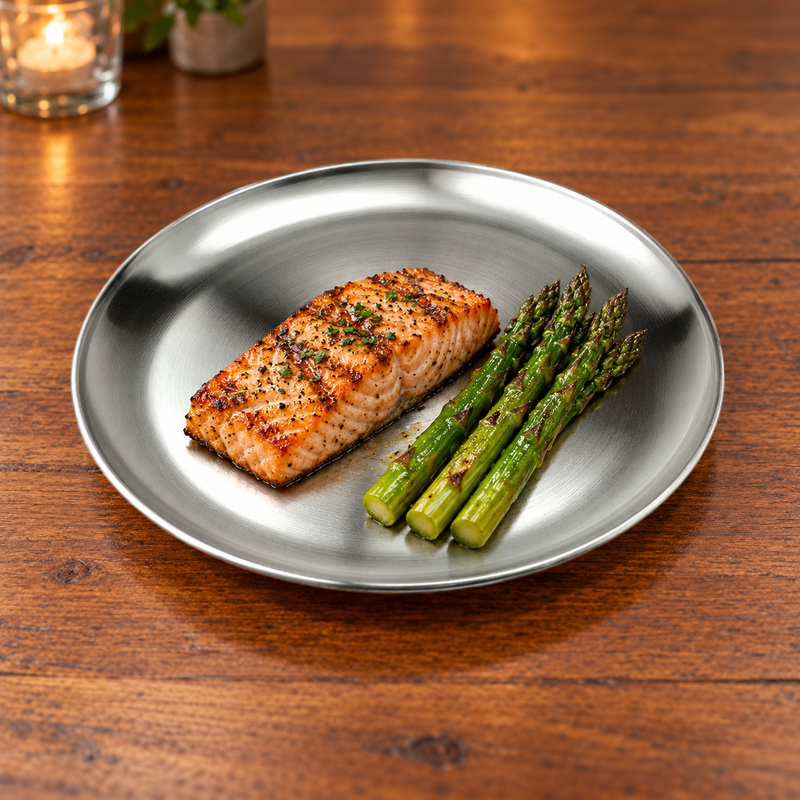 SS-RP-10 satin stainless steel plate with salmon and asparagus