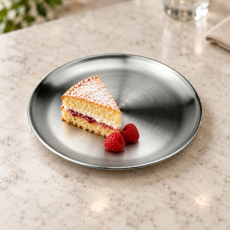 SS-RP-6 satin stainless steel plate with a small dessert portion
